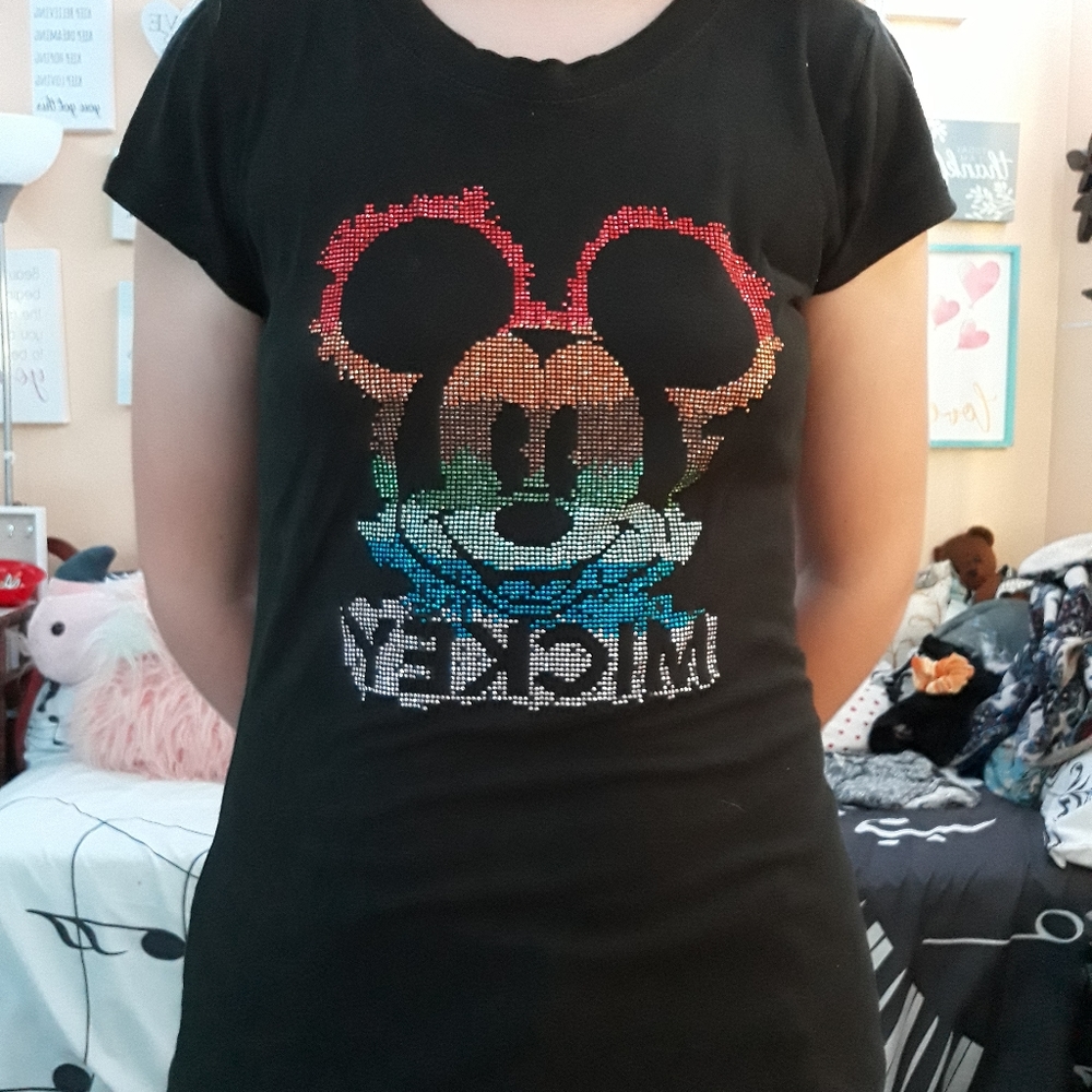 Black tshirt with rainbow bejeweled Mickey mouse